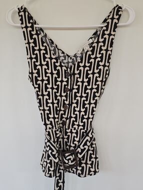 Women's Black and Cream Patterned Button-Front Blouse with Belt